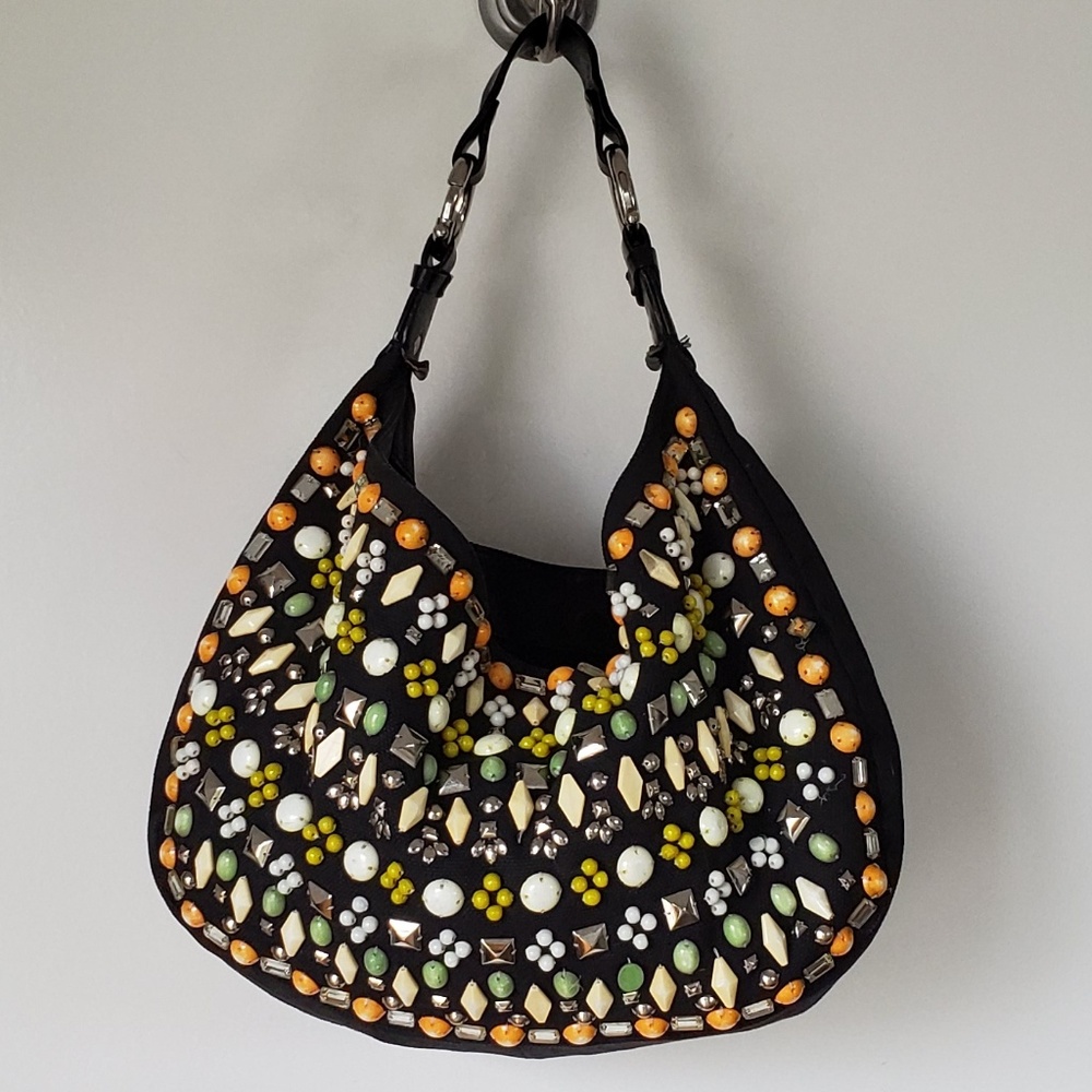 CHLOE black canvas leather embellished hobo bag